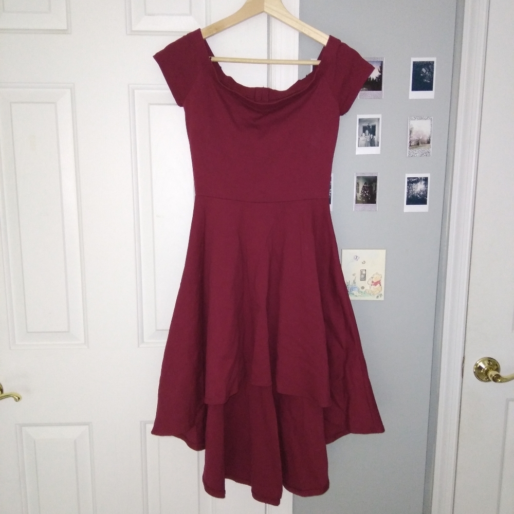 Burgundy Windsor Off the Shoulder Low High Dress - Picture 4 of 5